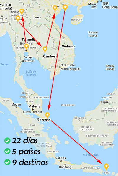 Mapa de un viaje por el Sudeste Asiático