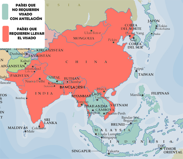 Mapa de Asia por necesidad de visados